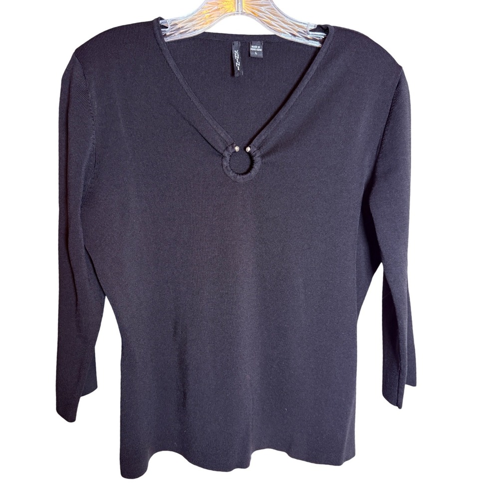 Venini Ribbed Knit Top Womens Large Black O-Ring V-Neck 3/4 Sleeve Sweater
